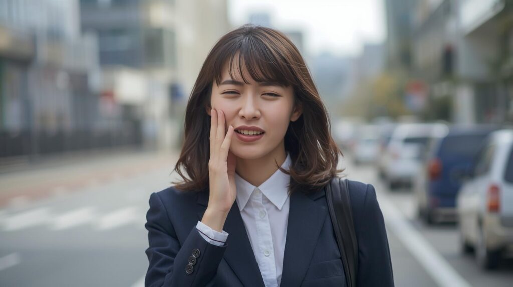 日本人の女性　20台　親知らずが痛い　片手で押さえていたがっている　OLで、仕事中　通勤中