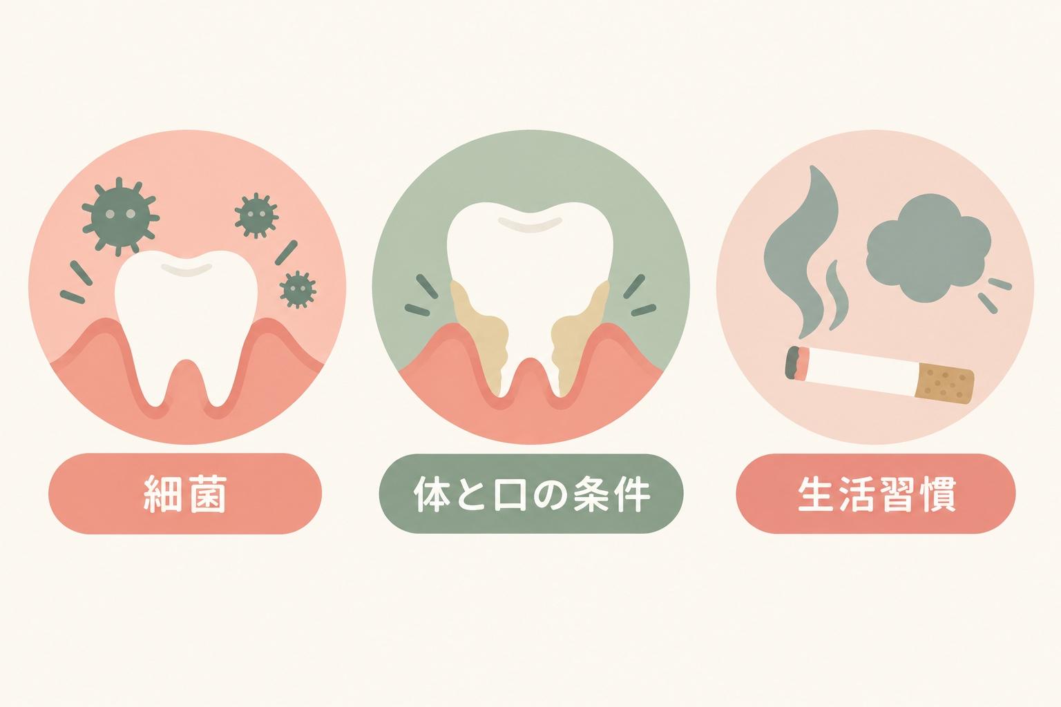 歯周病のなりやすさに関わる要因を、細菌・体と口の条件・生活習慣の3つに分けた図