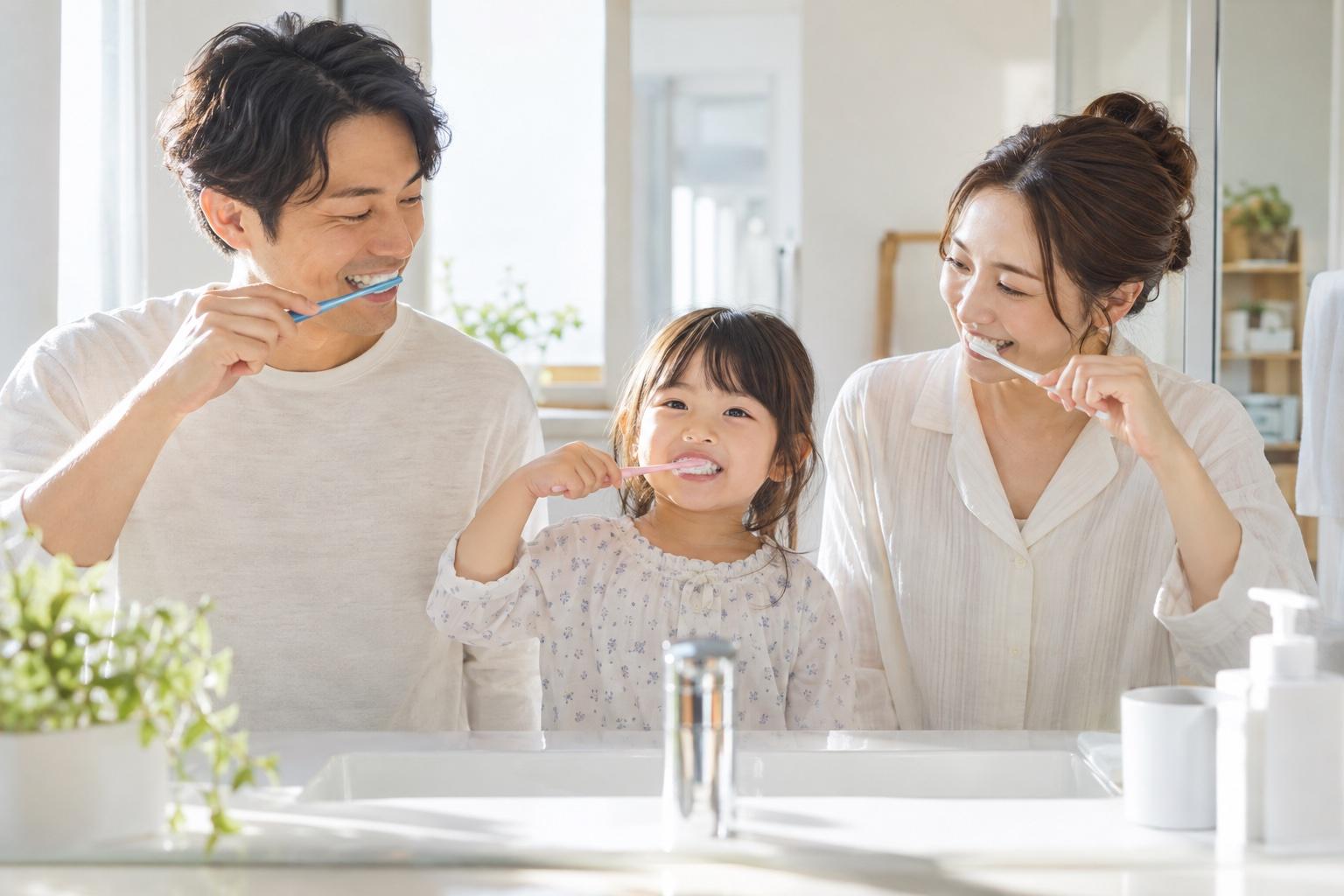 洗面所で、両親と子どもが並んで歯みがきをしている写真